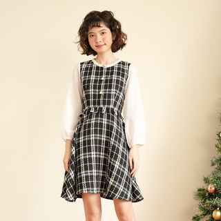 Bleubird váy tweed caro phối organza miki dress