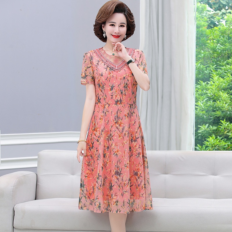 Đầm Chiffon Tay Ngắn Cỡ Lớn Thời Trang Cho Phụ Nữ Trung Niên