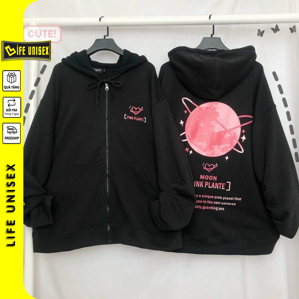 Áo khoác nỉ Hoodie PINK PLANTE MOON Dây Kéo form rộng áo nỉ bông nữ Unisex - Life Unisex