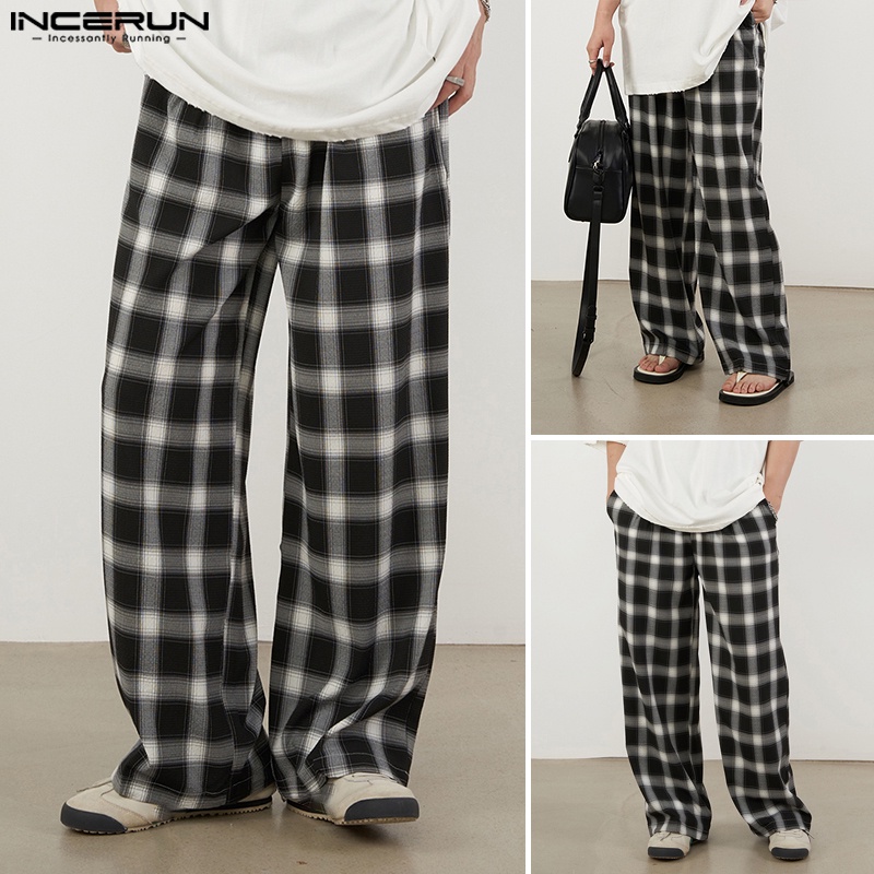 Quần dài Incerun ống rộng lưng thun họa tiết sọc caro phong cách retro cho nam