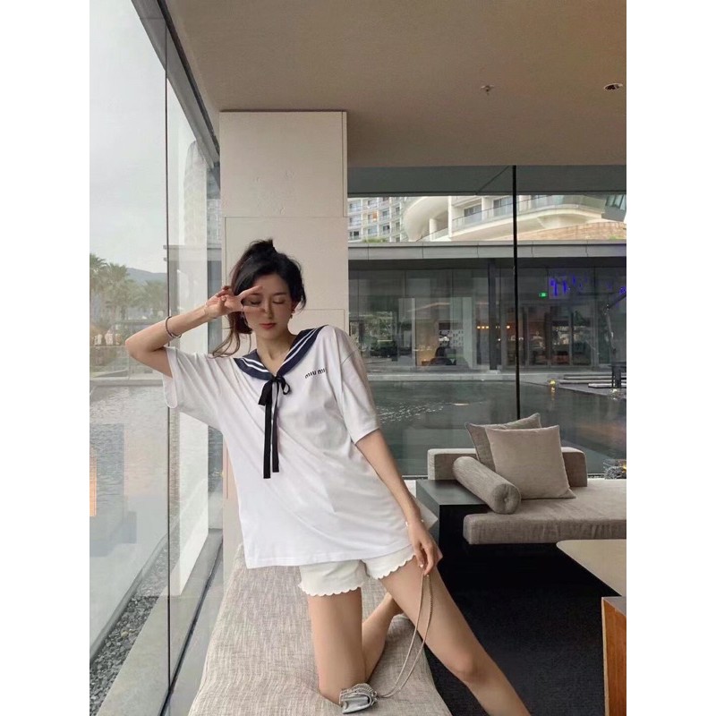 Áo phông ngắn tay Miumiu hàng cao cấp thiết kế cổ áo thủy thủ siêu trẻ trung
