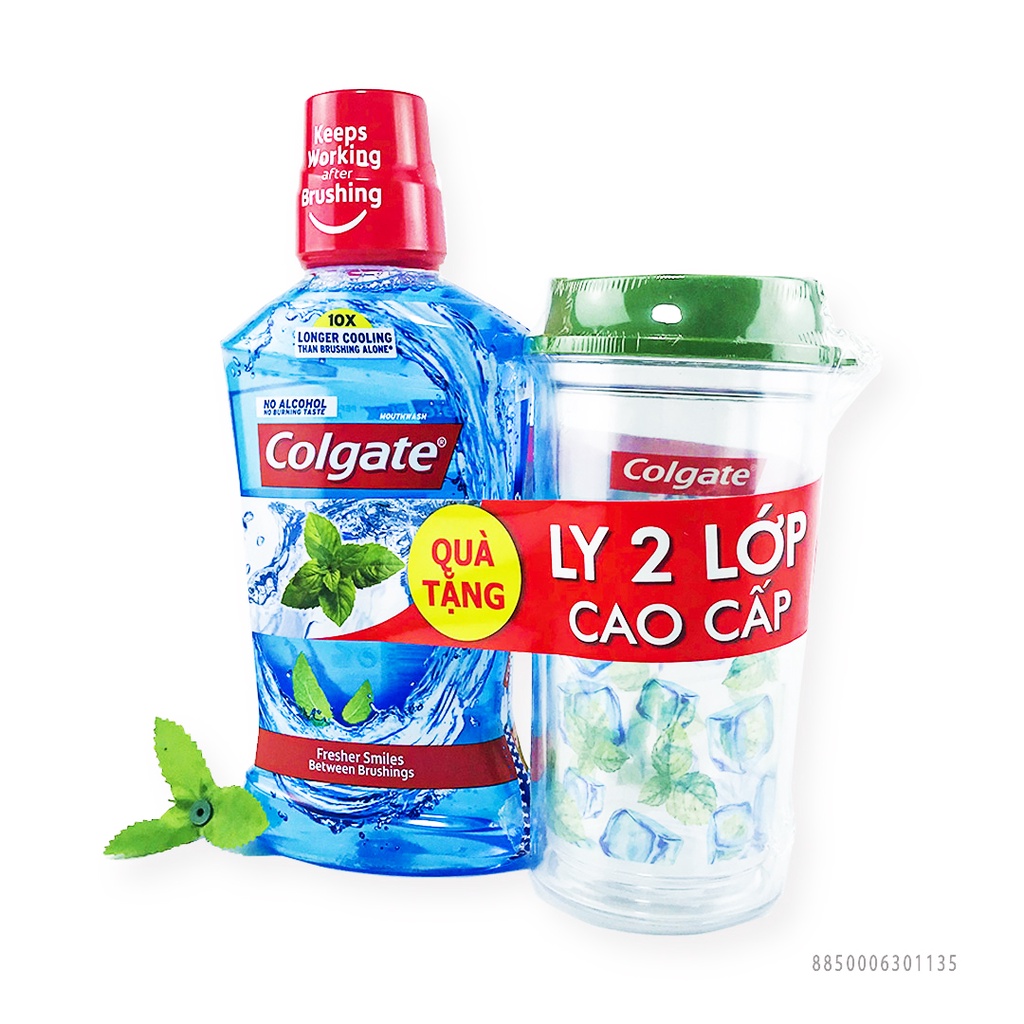 Nước súc miệng Colgate Plax Bạc Hà 500ml/chai + Ly nhựa có nắp Colgate Plax