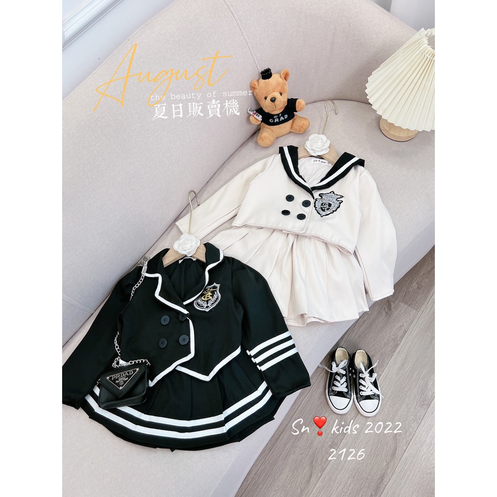 Váy cho bé gái, set áo thủy thủ kèm chân váy xếp ly logo ngực bản to cho bé 12-32kg