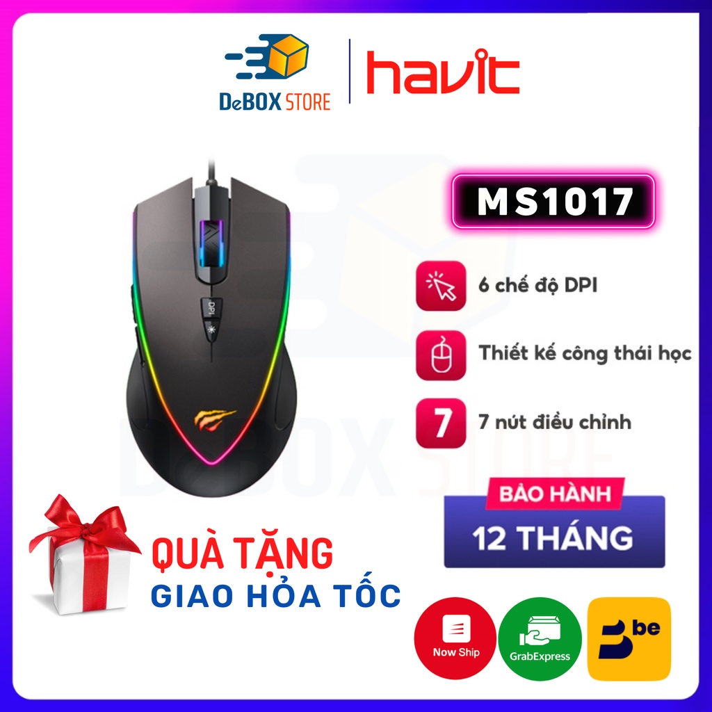 【Giao Hỏa Tốc】Chuột Có Dây HAVIT MS1017 RGB Blacklit, 6 Chế Độ DPI, 7 Nút Điều Chỉnh, 5 Triệu Lần Nhấn - Hàng Chính Hãng