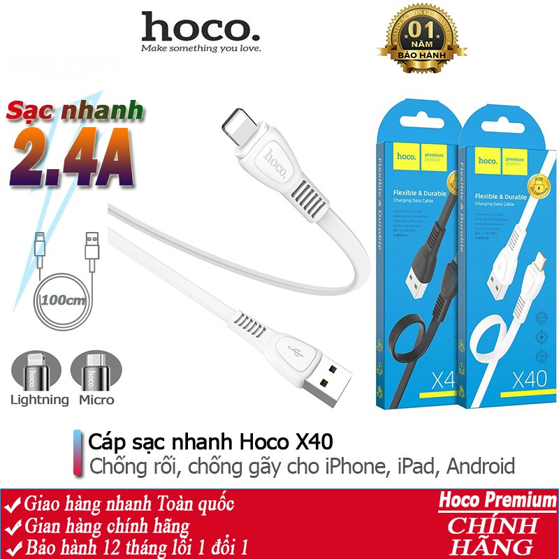 Cáp sạc nhanh Hoco X40 chống rối 2.4A iPhone, Android, iPad dây dài 1m - Chính hãng