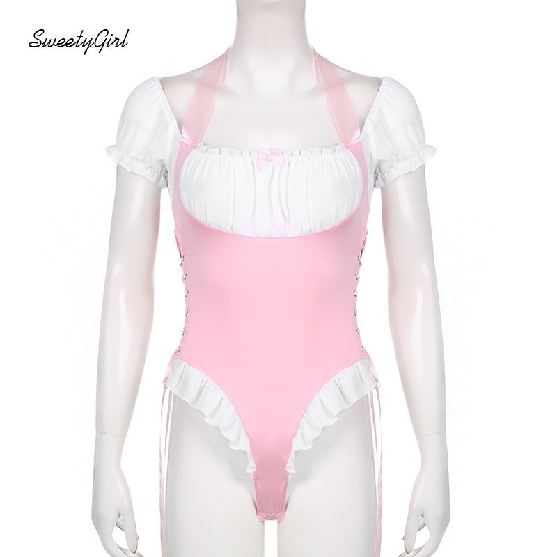 Sweety Girl Bộ Áo Liền Quần Nhún Bèo Hai Mảnh Màu Hồng Búp Bê Có Diềm Xếp Nếp 2022 Cho Nữ