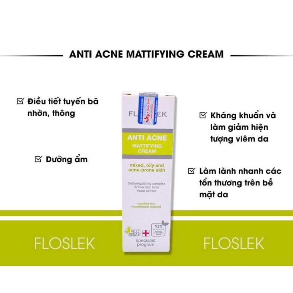 Kem kiểm soát dầu và điều tiết nhờn Floslek Anti Acne Mattifying Cream 50ml