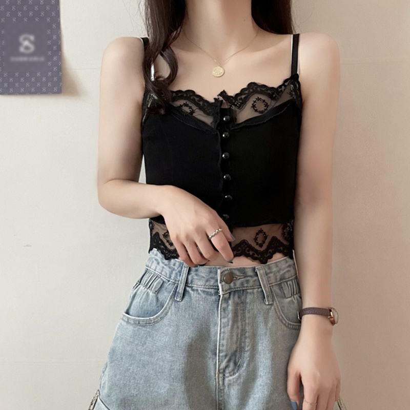 Áo Croptop Hai Dây Mỏng Màu Trơn Cài Nút Trước Phối Ren Gợi Cảm Thời Trang Mùa Hè Cho Nữ