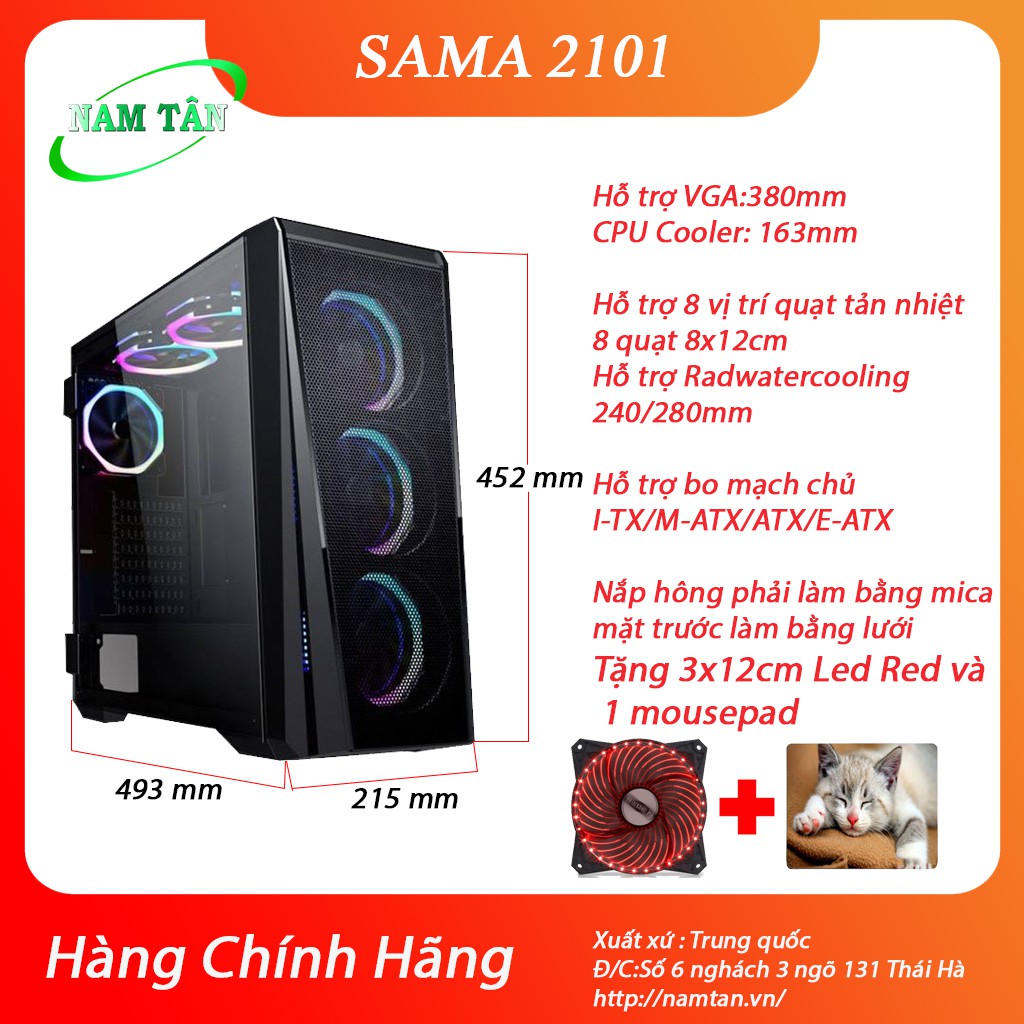 Vỏ Case cho văn phòng Gaming máy tính SAMA 2101 ( Tặng 3x12cm Red led 33 bóng + 1 bàn di chuột )