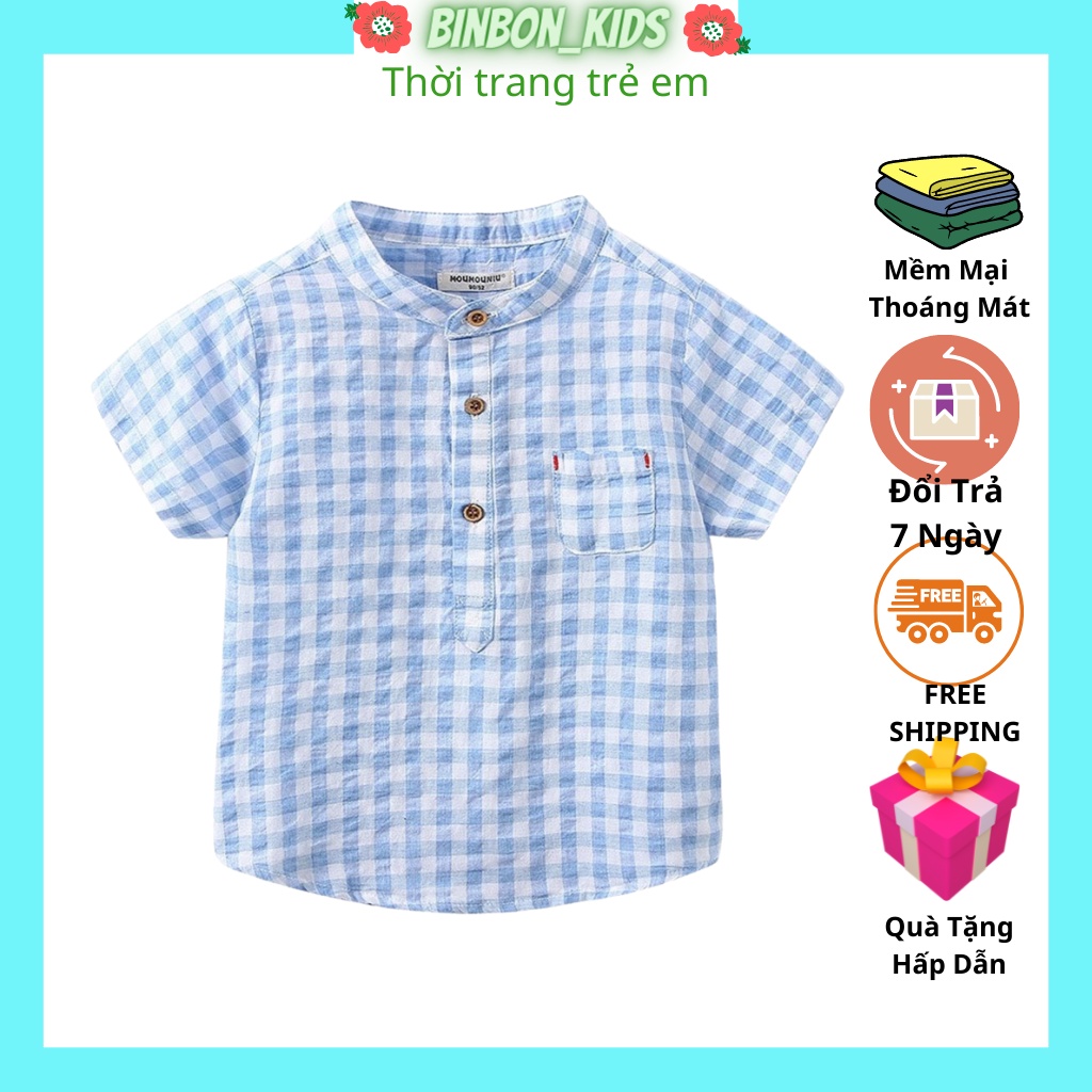 Áo sơ mi cho bé trai ,Áo cộc tay bé trai kẻ caro cho bé chất liệu thô đũi cao cấp siêu đẹp cho bé từ 6kg đến 28kg Binbon