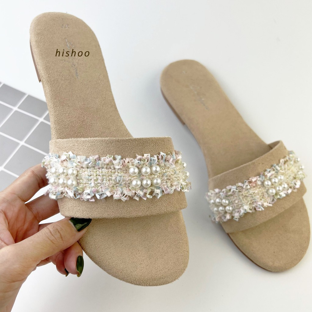 Dép nữ thấp dáng sandal đi biển quai ngang bảng to đính đá chính hãng có Bigsize HISHOO màu đen S063