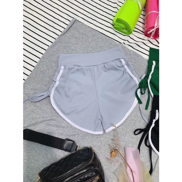 Quần shorts đùi nữ kiểu rút dây phối sọc chạy viền chất vải thun gân len 4 chiều lưng thun