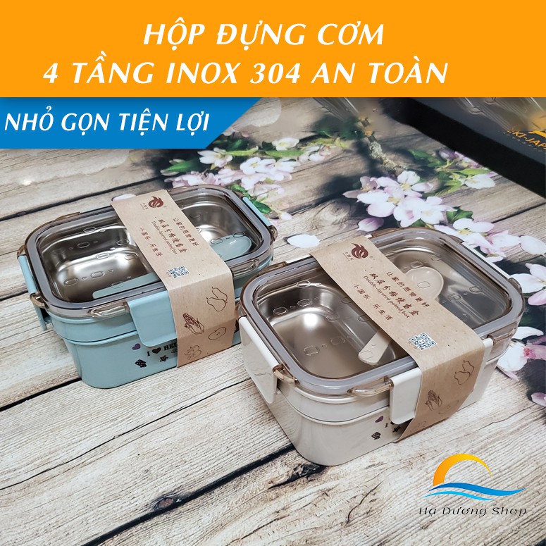 [FLASH SALE 3 NGÀY] Hộp cơm giữ nhiệt HADU inox 304 gồm 4 khay có thìa nắp đậy khóa kép an toàn cao cấp