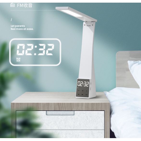 Đèn bàn chống cận LED T1 5W, có loa kết nối Bluetooth, đồng hồ LED và nhiệt kế