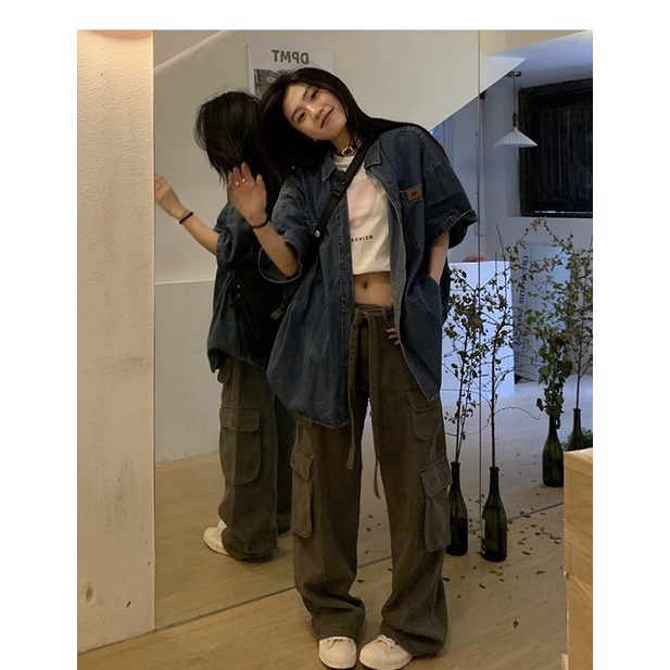 Áo sơ mi denim nữ ngắn tay mặc ngoài