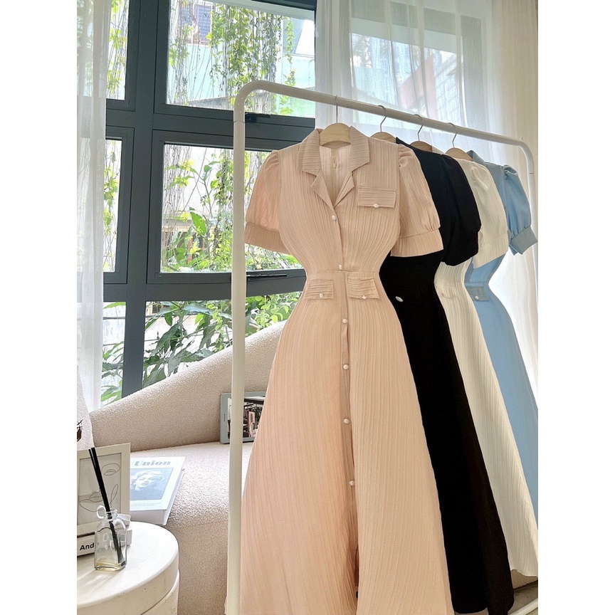 MAXI VẢI SỌC CỔ SƠ MI TAY BÚP