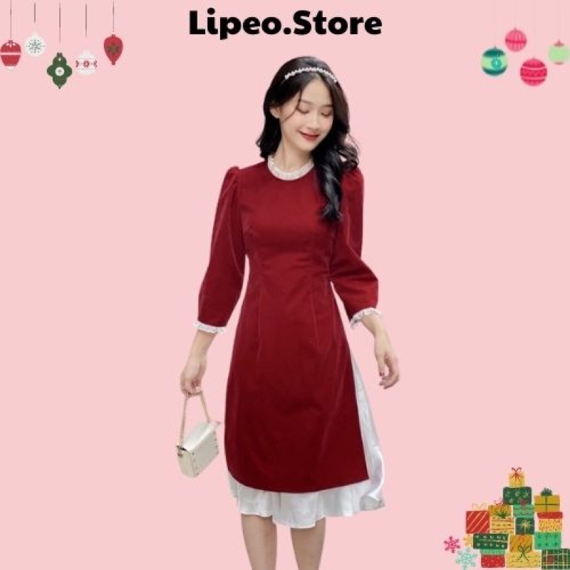 SET Áo dài đỏ nhung cổ bèo kèm chân váy lụa mềm trắng