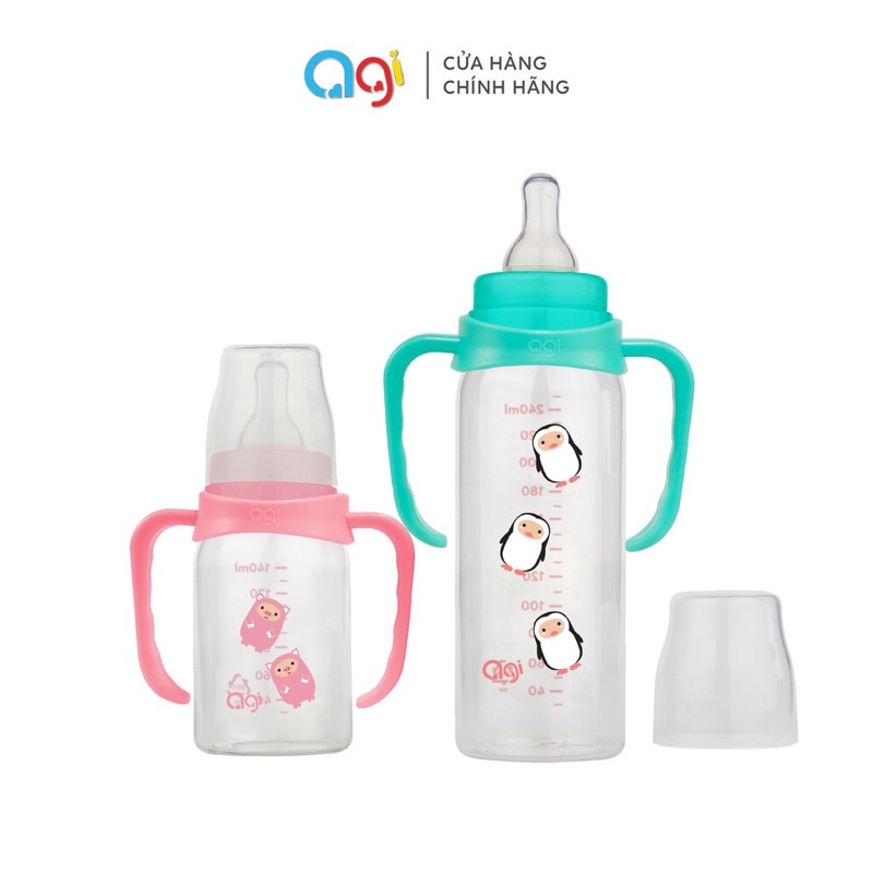 Bình sữa AGI, Bình Sữa cổ hẹp Phiên bản tay cầm 140ml - 250ml (Mẫu Mới 2021)