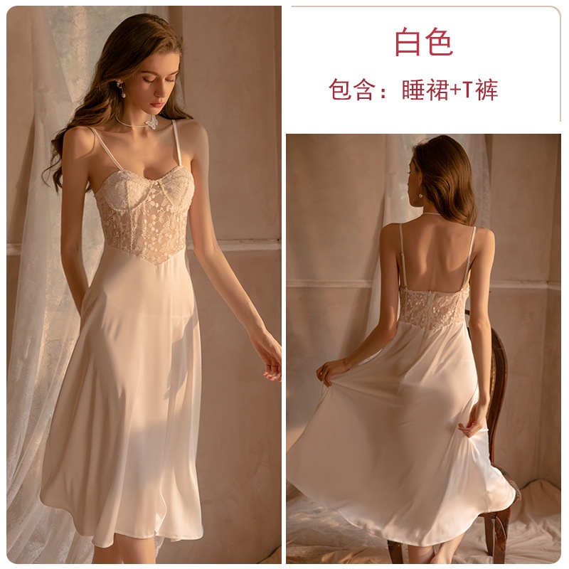 Set đầm ngủ satin dài phối ren + quần lót quyến rũ