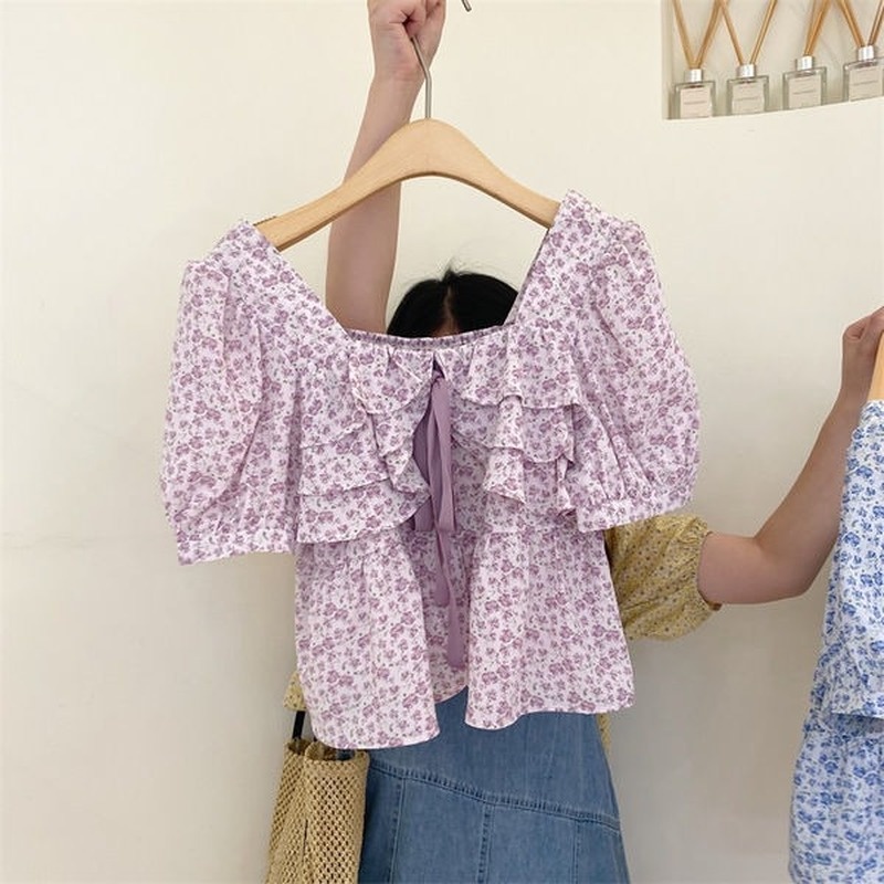 Áo Voan Tay Ngắn Cổ Vuông In Họa Tiết Hoa Nhí Xinh Xắn Thời Trang Hè Cho Nữ