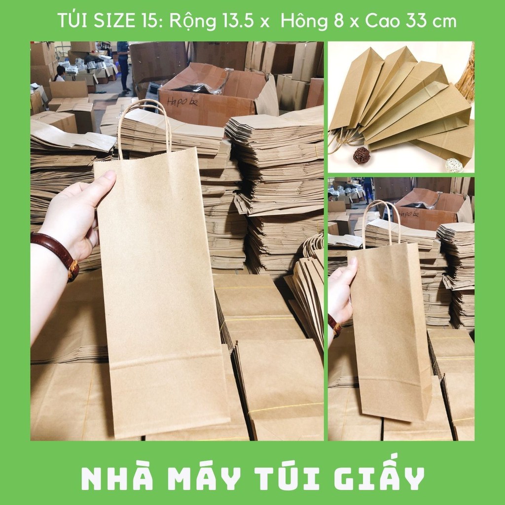 300 CHIẾC TÚI GIẤY KRAFT SIZE 15: 13.5x8x33 MÀU NÂU CÓ QUAI ( ẢNH THẬT)