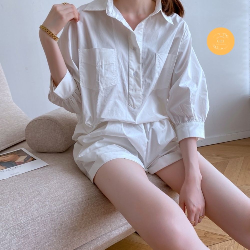 Set bộ sơ mi  chui , chất đũi mix quấn short đũi nhẹ nhàng màu trắng