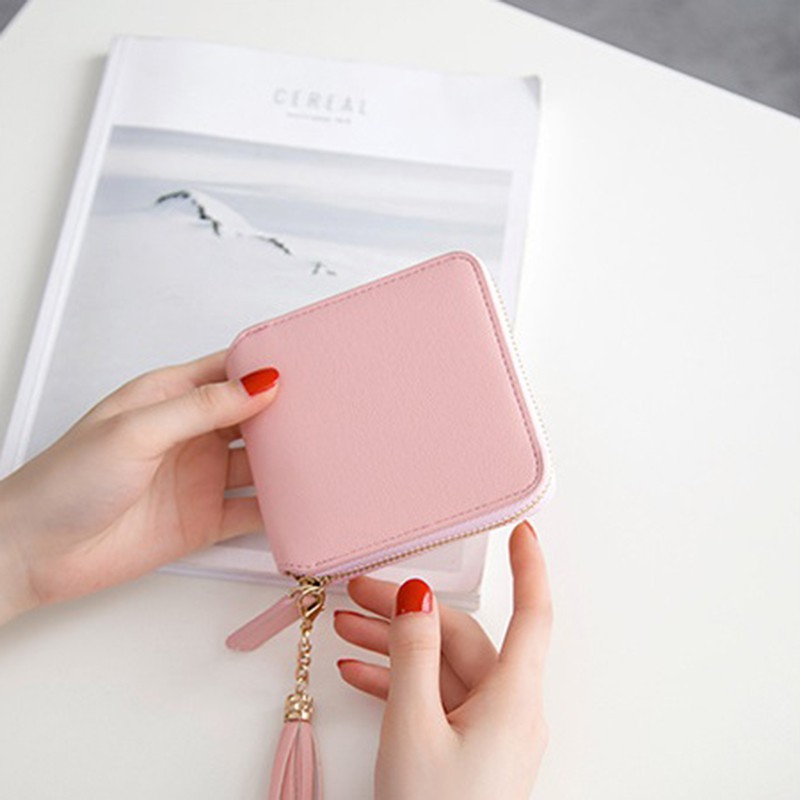 Ví Vuông Đựng Thẻ Cầm Tay Đính Tua Dây Kéo Đáng Yêu Cho Nữ