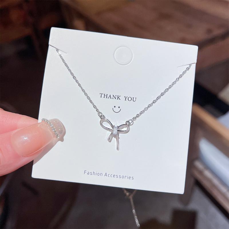 XiaoboACC Dây Chuyền Thép Titan Mặt Nơ Đính Kim Cương Nhân Tạo - 38CM+6CM