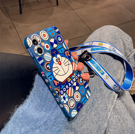 For IPHONE 6 6s 7 8 11 12 Pro Max Mini Plus Case camera Lanyard Frame Border Pattern Catroon Cute Doraemon Wrist Strap Housing Casing Cover Ip11 Ip12 Silicone Full Camera Protector