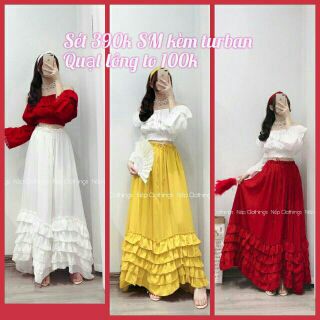 Sẵn Sét áo trễ vai croptop chân váy tầng xòe / sét áo váy boho trễ vai đi biển