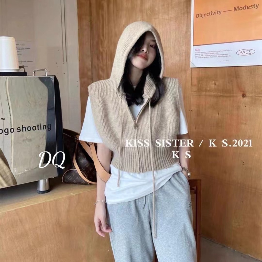 Áo gile len mũ khoá dáng croptop trẻ trung năng động hàng QC