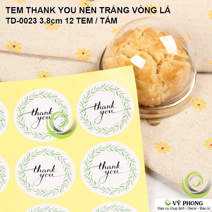 TEM DÁN STICKER THANK YOU NỀN TRẮNG VÒNG LÁ NIÊM PHONG TRANG TRÍ  HỘP BAO BÌ QUÀ TẶNG TD-0023