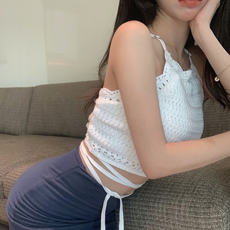 Áo Croptop Đan Len Hai Dây Cột Dây Ngực Họa Tiết Kẻ Sọc Quyến Rũ Cho Nữ