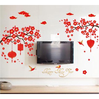 HÓT‼️‼️ Decal tết trang trí năm mới - hoa mai lồng đèn đỏ mã SK9140