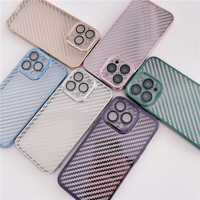 Ốp Điện Thoại Sợi Carbon Mạ Điện Kèm Miếng Dán Bảo Vệ Camera Cho iPhone 13 12 11 Pro Max X XR XS Max SE 2022 7 8 Plus