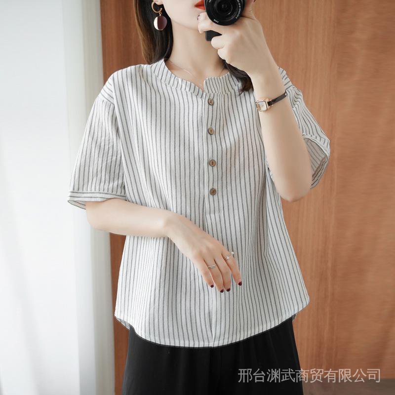 Áo Thun Cotton Lanh Ngắn Tay Dáng Rộng Họa Tiết Kẻ Sọc Dọc Màu Trơn Cho Nữ