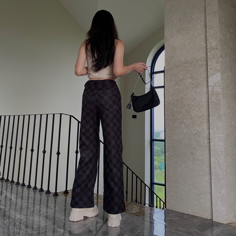 Quần ống rộng kẻ caro ô vuông đen