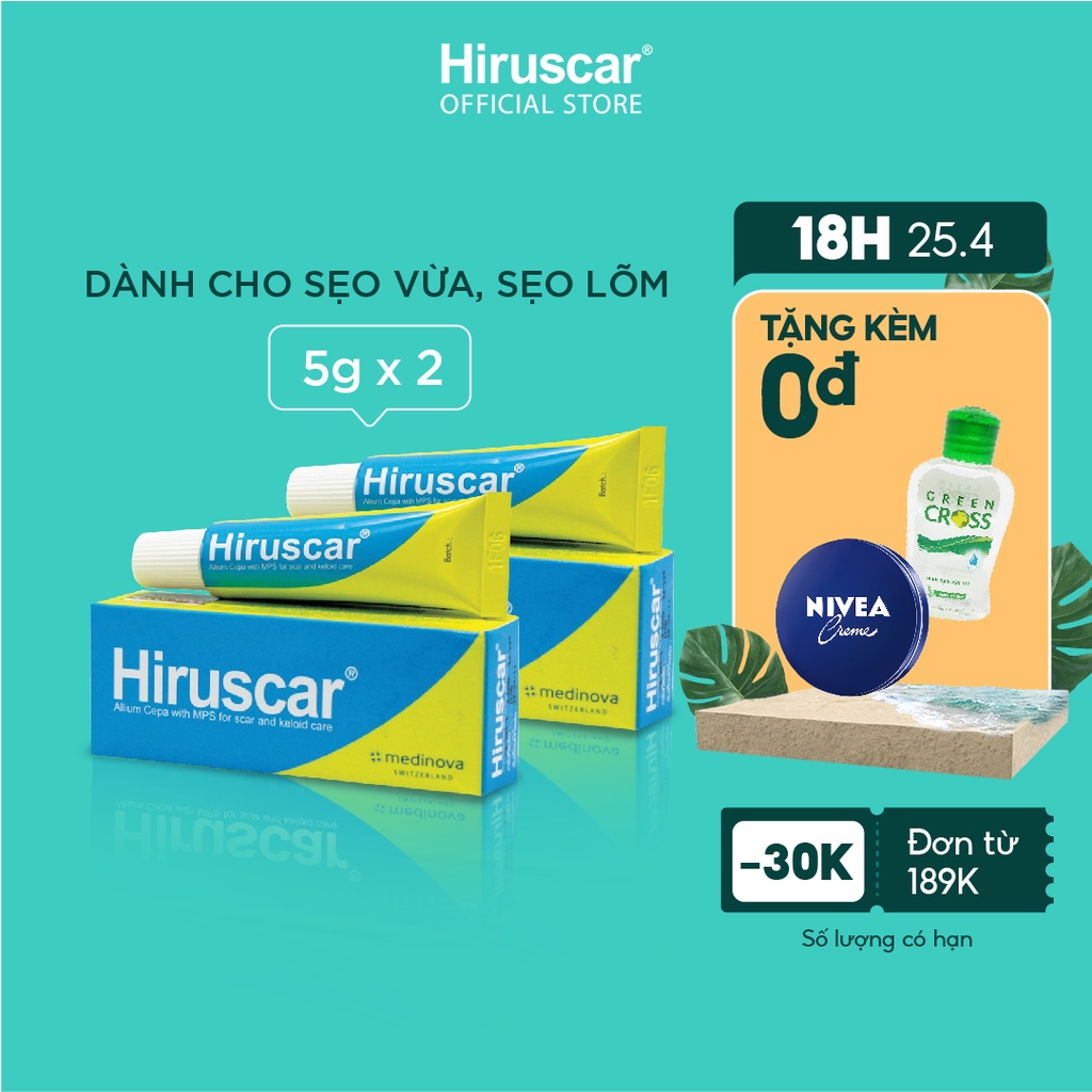 [Mã COSHIRU2 - 8% đơn 150K] Bộ 2 Gel Hiruscar cải thiện sẹo vừa, sẹo lõm, sẹo thâm Hiruscar 5g