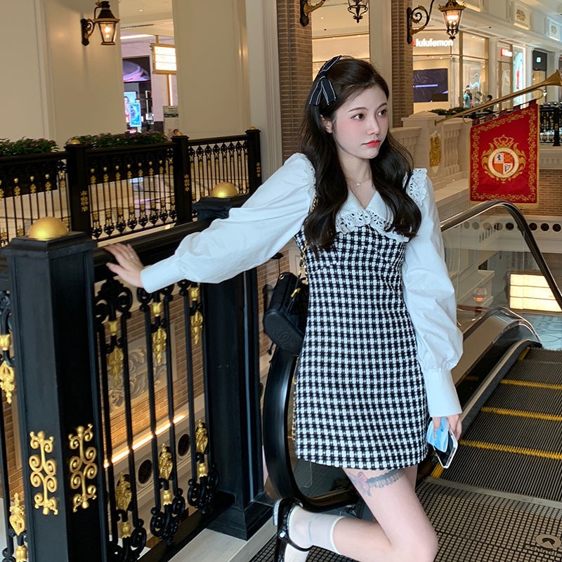Đầm tay phồng dài cổ búp bê sọc ca rô đen trắng thời trang Pháp thanh lịch cho nữ