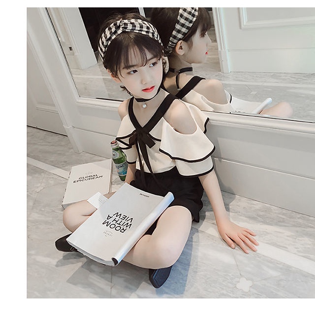Bộ Áo chiffon Hở Vai + Quần Yếm Thời Trang Mùa Hè 2022 Mới Dành Cho Bé Gái