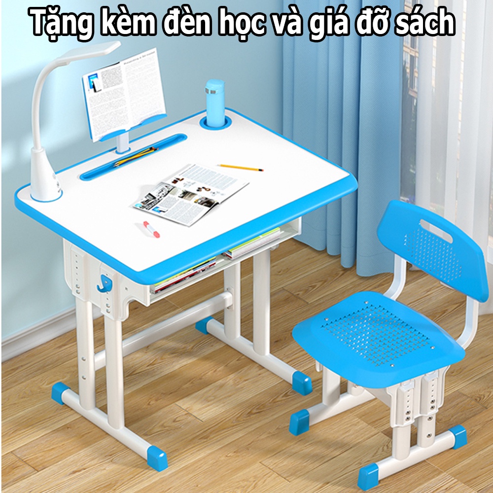Bàn Học Chống Gù Chống Cận Cho Bé 3-12t, Bộ bàn học sinh thông minh mặt gỗ khung thép chắc chắn tặng đèn học giá đỡ sách