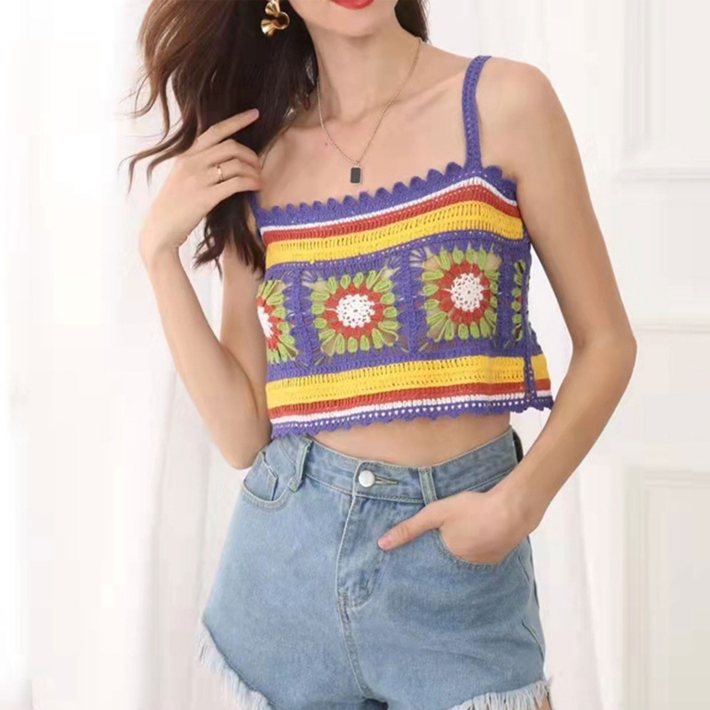 Crop Top Nữ Hai Dây Họa Tiết Sọc Hoa Phong Cách Boho