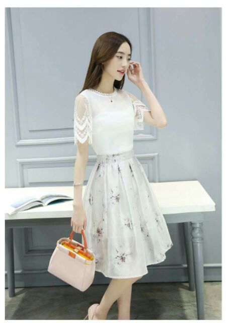 SET ĐẦM CHÂN VÁY HOA ÁO PHỐI REN