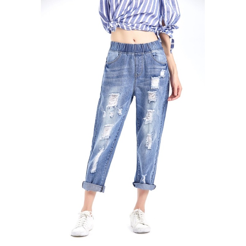 Quần jean baggy big size nữ lưng thun màu xanh nhạt size đại 75-115kg