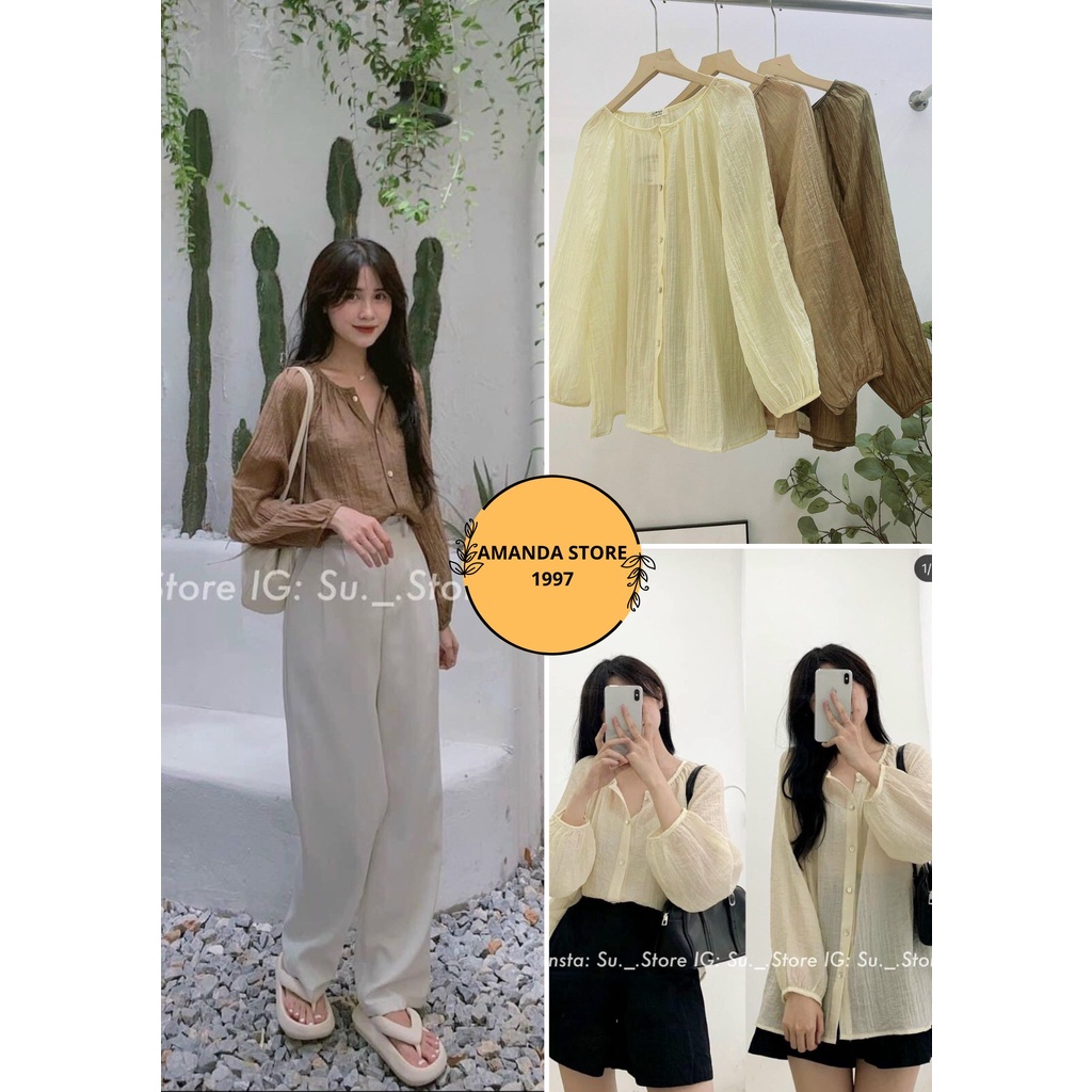 Áo sơ mi nữ voan tơ cổ tròn, áo sơ mi nữ dài tay cổ tròn chất voan tơ SM025