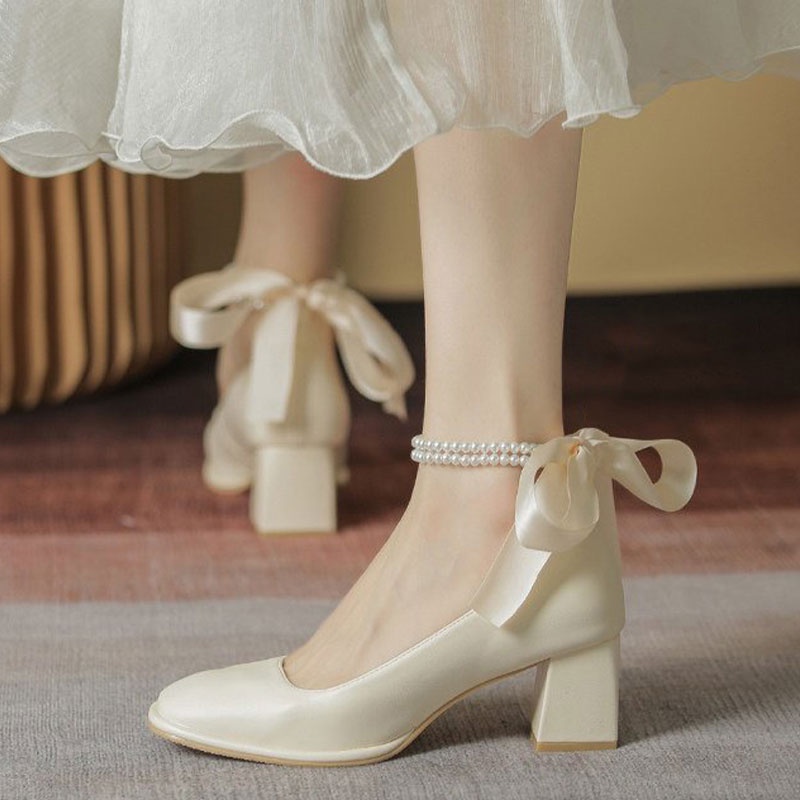 QiaoYiLuo Giày cao gót mũi vuông thiết kế mới phong cách Pháp thời trang xinh xắn cho nữ