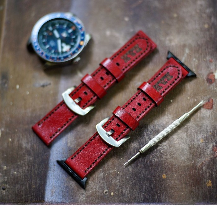 Dây apple watch da bò đỏ đô handmade bền chắc cực đẹp RAM Leather Classic 1982 - tặng khóa chốt và adapter