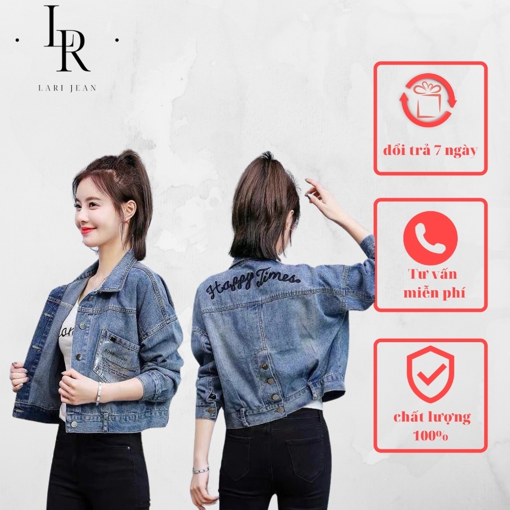 Áo khoác jean nữ Happy time, áo khoác bò xanh nhạt cá tính cho bạn nữ 40-60kg, chất denim dày dặn - Lari jean