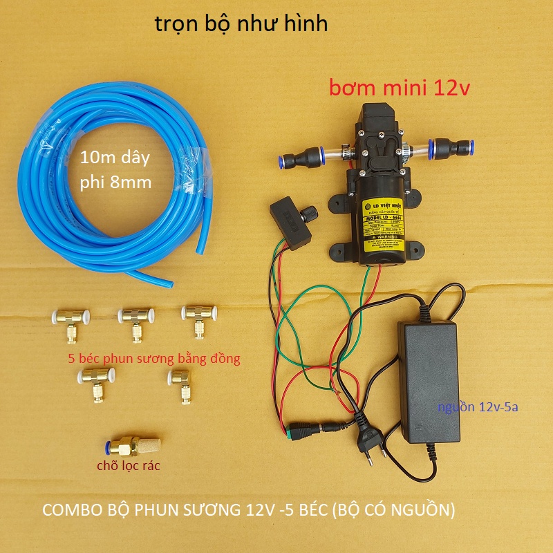 combo Bộ máy bơm phun sương 5 béc đến 30 béc, có chiết áp điều chỉnh lượng nước (bộ có nguồn)