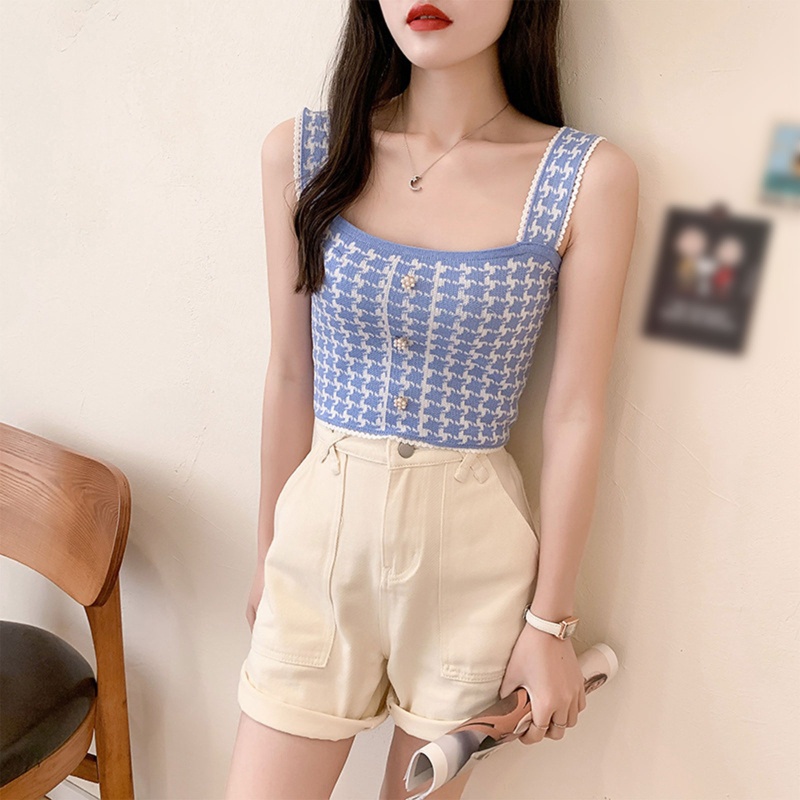 Brroa Áo Croptop Dệt Kim Dây Bản Rộng Cài Nút Họa Tiết Houndstooth Đính Ngọc Trai Cho Nữ